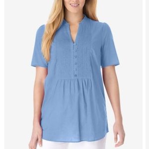 Woman Within Women's Blue Pintucked Half-Button Tunic Top